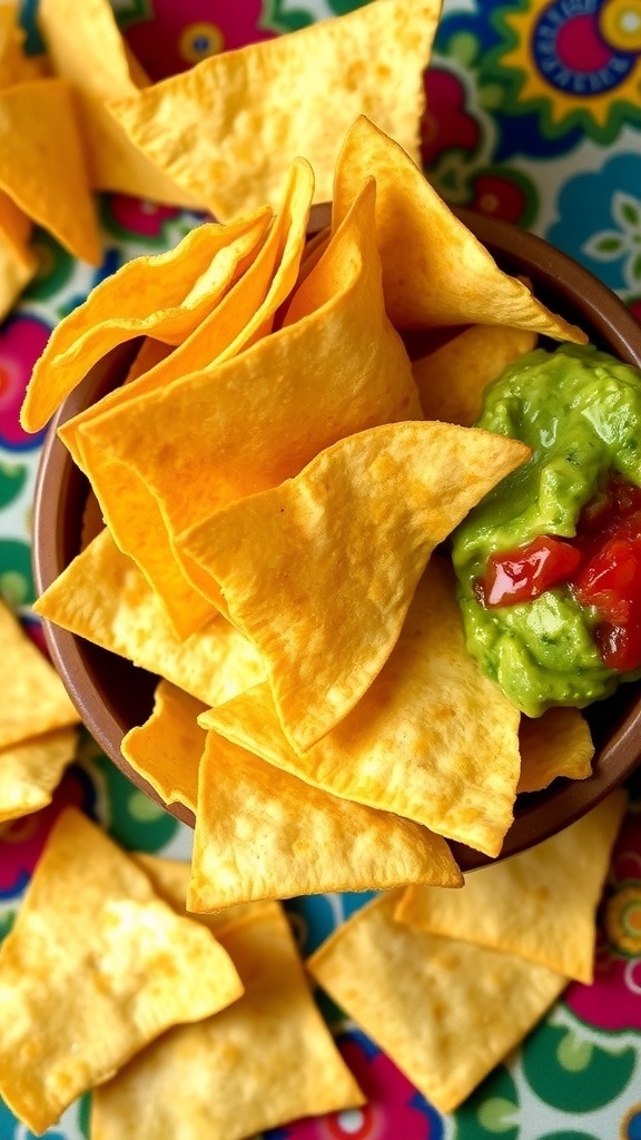 A bowl of crispy flour tortilla chips with salsa and guacamole on a colorful tablecloth.